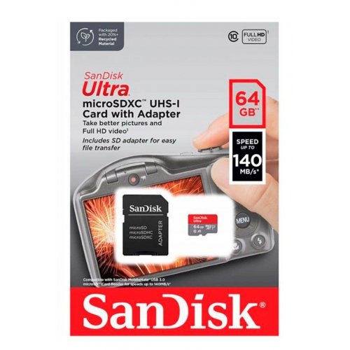 Карта памяти SanDisk microSDXC Ultra 64GB Class 10 UHS-I A1 (с адаптером) (SDSQUAB-064G-GN6IA) купить в Украине: Киев, Днепр, Харьков, Одесса  | Низкая цена, отзывы, характеристики от TELEMART фото