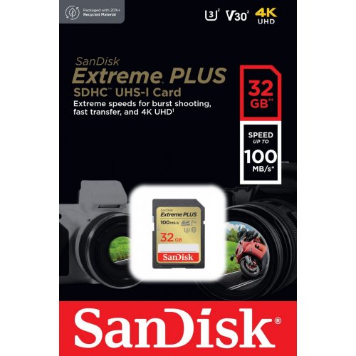 Карта пам'яті SanDisk SDHC Extreme Plus 32GB Class 10 UHS-I V30 U3 (SDSDXWT-032G-GNCIN) купити в Україні: Київ, Львів, Хмельницький, Тернопіль, Івано-Франківськ | Низька ціна, відгуки, характеристики від TELEMART фото