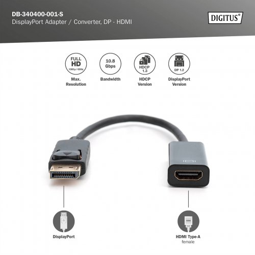 Адаптер Digitus DisplayPort to HDMI Adapter 0.15m (DB-340400-001-S) Black купити в Україні: Київ, Львів, Хмельницький, Тернопіль, Івано-Франківськ | Низька ціна, відгуки, характеристики від TELEMART фото