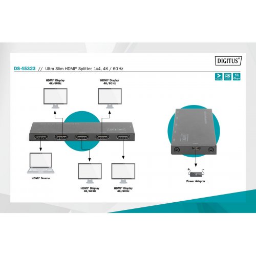 Разветвитель-сплиттер Digitus Ultra Slim HDMI 1 to 4 port 4K (DS-45323) Black купить в Украине: Киев, Днепр, Харьков, Одесса  | Низкая цена, отзывы, характеристики от TELEMART фото