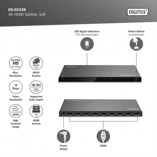 Кабель Digitus HDMI Splitter 1 to 8 (DS-55338) Black купить в Украине: Киев, Днепр, Харьков, Одесса  | Низкая цена, отзывы, характеристики от TELEMART фото