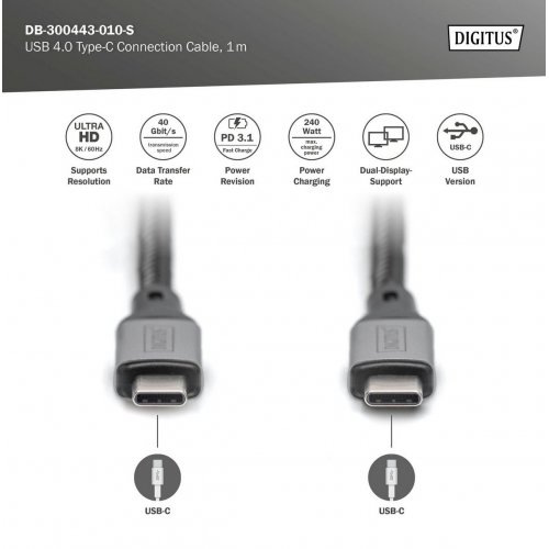 Кабель Digitus USB 4.0 Type-C to USB Type-C 1m (DB-300443-010-S) Black купить в Украине: Киев, Днепр, Харьков, Одесса  | Низкая цена, отзывы, характеристики от TELEMART фото