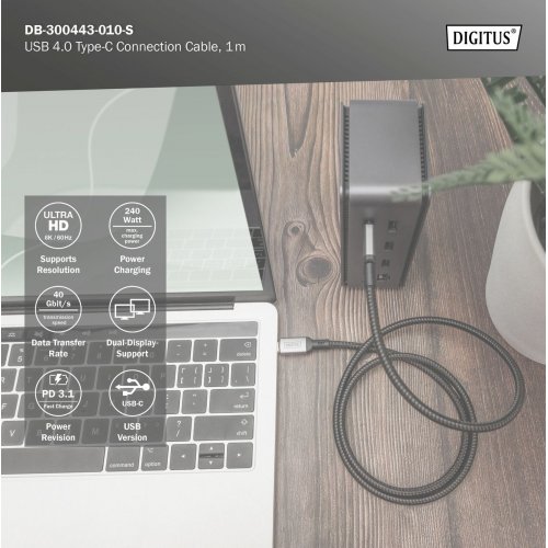 Кабель Digitus USB 4.0 Type-C to USB Type-C 1m (DB-300443-010-S) Black купить в Украине: Киев, Днепр, Харьков, Одесса  | Низкая цена, отзывы, характеристики от TELEMART фото