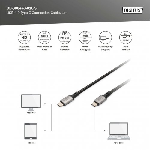 Кабель Digitus USB 4.0 Type-C to USB Type-C 1m (DB-300443-010-S) Black купить в Украине: Киев, Днепр, Харьков, Одесса  | Низкая цена, отзывы, характеристики от TELEMART фото
