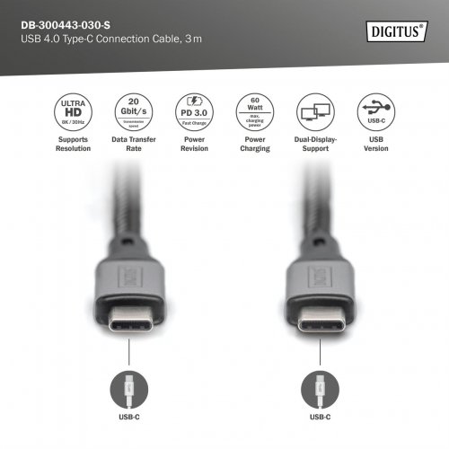 Кабель Digitus USB 4.0 Type-C to USB Type-C 3m (DB-300443-030-S) Black купить в Украине: Киев, Днепр, Харьков, Одесса  | Низкая цена, отзывы, характеристики от TELEMART фото