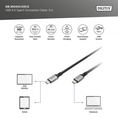 Кабель Digitus USB 4.0 Type-C to USB Type-C 3m (DB-300443-030-S) Black купить в Украине: Киев, Днепр, Харьков, Одесса  | Низкая цена, отзывы, характеристики от TELEMART фото