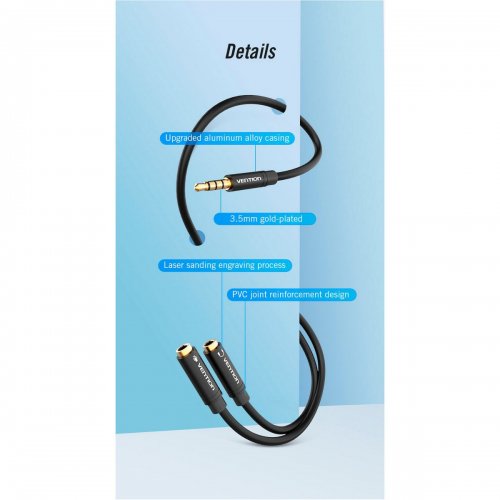 Сплиттер Vention 3.5mm to 2 x 3.5mm 0.3m (BBVBY) Black купить в Украине: Киев, Днепр, Харьков, Одесса  | Низкая цена, отзывы, характеристики от TELEMART фото