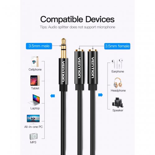 Кабель Vention 3.5mm to 2 x 3.5mm 0.3m (BBSBY) Black купить в Украине: Киев, Днепр, Харьков, Одесса  | Низкая цена, отзывы, характеристики от TELEMART фото