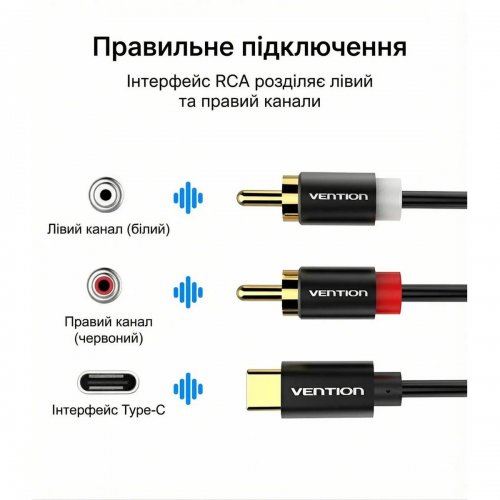 Кабель Vention USB Type-C to 2 x RCA 1.5m (BGDBG) Black купить в Украине: Киев, Днепр, Харьков, Одесса  | Низкая цена, отзывы, характеристики от TELEMART фото