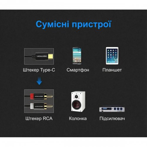 Кабель Vention USB Type-C to 2 x RCA 1.5m (BGDBG) Black купить в Украине: Киев, Днепр, Харьков, Одесса  | Низкая цена, отзывы, характеристики от TELEMART фото