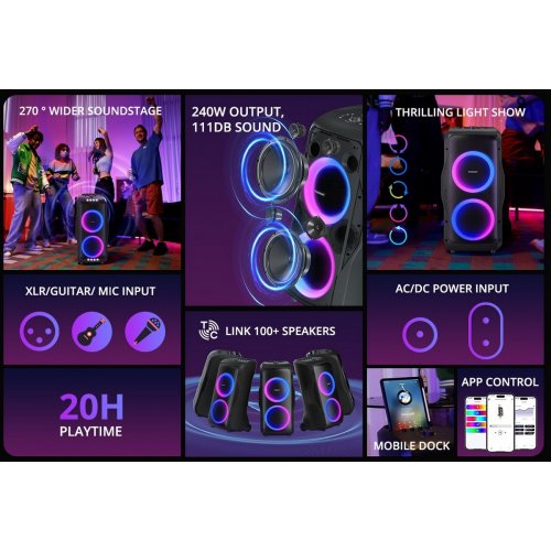 Портативна акустика Tronsmart Halo 300 Party Speaker RGB 240W (1144103) Black купити в Україні: Київ, Львів, Хмельницький, Тернопіль, Івано-Франківськ | Низька ціна, відгуки, характеристики від TELEMART фото