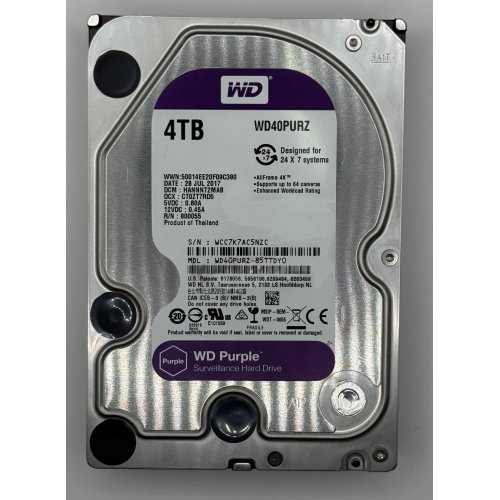 Жорсткий диск Western Digital Purple 4TB 64MB 5400RPM 3.5'' (WD40PURZ) (Відновлено продавцем, 882488) купити в Україні: Київ, Львів, Хмельницький, Тернопіль, Івано-Франківськ | Перевірка сумісності, низька ціна, відгуки, характеристики від TELEMART фото