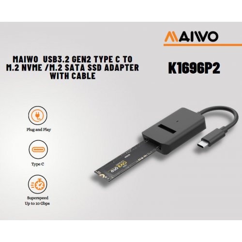 Адаптер Maiwo M.2 NVMe/SATA SSD Enclosure USB 3.2 Gen2 Type-C (K1696P2) Black купить в Украине: Киев, Днепр, Харьков, Одесса  | Низкая цена, отзывы, характеристики от TELEMART фото