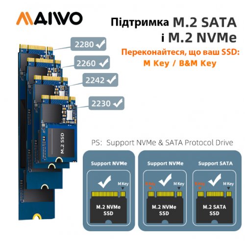 Адаптер Maiwo M.2 NVMe/SATA SSD Enclosure USB 3.2 Gen2 Type-C (K1696P2) Black купить в Украине: Киев, Днепр, Харьков, Одесса  | Низкая цена, отзывы, характеристики от TELEMART фото