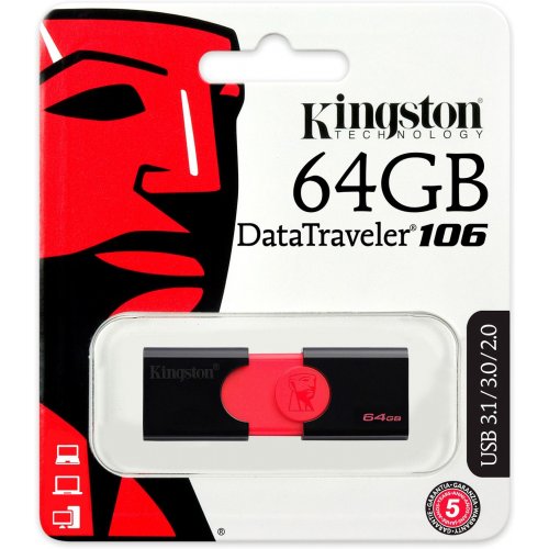 Купити Накопичувач Kingston DataTraveler 106 64GB USB 3.0 (DT106/64GB) Black/Red - ціна в Києві, Львові, Вінниці, Хмельницькому, Франківську, Україні | інтернет-магазин TELEMART.UA фото