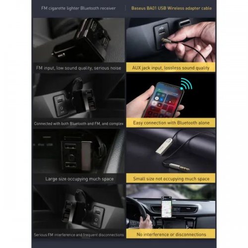 Bluetooth ресивер Baseus BA01 Bluetooth USB to AUX Cable (CABA01-01) Black купити в Україні: Київ, Львів, Хмельницький, Тернопіль, Івано-Франківськ | Низька ціна, відгуки, характеристики від TELEMART фото