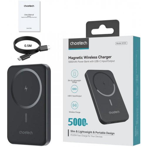 Powerbank Choetech B709 Magnetic Wireless 5000mAh 20W (B709-CCBK) Black купити в Україні: Київ, Львів, Хмельницький, Тернопіль, Івано-Франківськ | Низька ціна, відгуки, характеристики від TELEMART фото