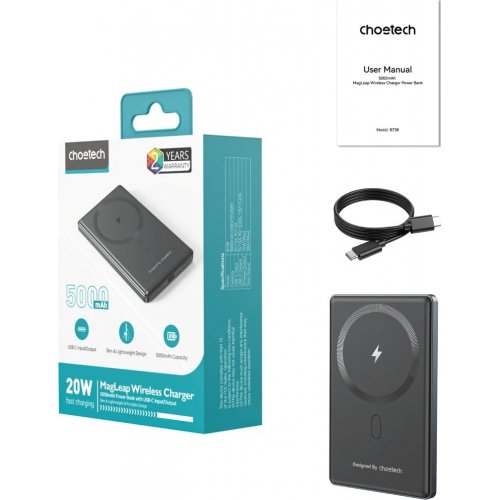 Powerbank Choetech B738 Magnetic Wireless 5000mAh 20W (B738-CCBK) Black купити в Україні: Київ, Львів, Хмельницький, Тернопіль, Івано-Франківськ | Низька ціна, відгуки, характеристики від TELEMART фото