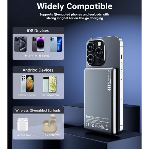 Powerbank Choetech B738 Magnetic Wireless 5000mAh 20W (B738-CCBK) Black купити в Україні: Київ, Львів, Хмельницький, Тернопіль, Івано-Франківськ | Низька ціна, відгуки, характеристики від TELEMART фото