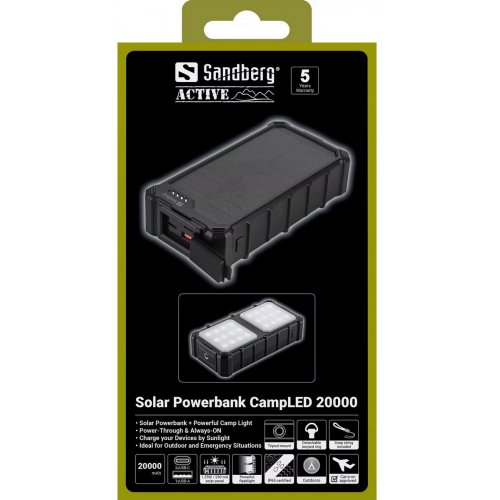 Powerbank Sandberg Solar CampLED 20000mAh 22.5W (421-24) купити в Україні: Київ, Львів, Хмельницький, Тернопіль, Івано-Франківськ | Низька ціна, відгуки, характеристики від TELEMART фото