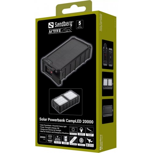 Powerbank Sandberg Solar CampLED 20000mAh 22.5W (421-24) купити в Україні: Київ, Львів, Хмельницький, Тернопіль, Івано-Франківськ | Низька ціна, відгуки, характеристики від TELEMART фото