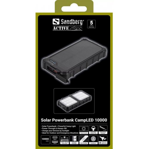 Powerbank Sandberg Solar CampLED 10000mAh 22.5W (421-23) купить в Украине: Киев, Днепр, Харьков, Одесса  | Низкая цена, отзывы, характеристики от TELEMART фото