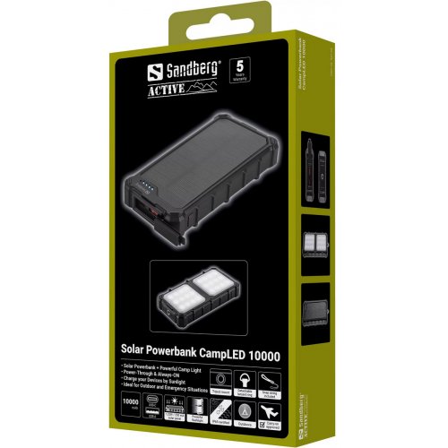 Powerbank Sandberg Solar CampLED 10000mAh 22.5W (421-23) купить в Украине: Киев, Днепр, Харьков, Одесса  | Низкая цена, отзывы, характеристики от TELEMART фото