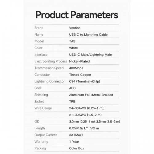 Уценка кабель Vention USB Type-C to Lightning 30W 2m (LAKBH) Black (Повреждена упаковка, 886113) купить в Украине: Киев, Днепр, Харьков, Одесса  | Низкая цена, отзывы, характеристики от TELEMART фото