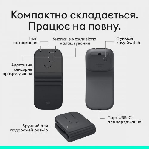 Мышка Logitech Mobi Fold Wireless (910-007604) Graphite купить в Украине: Киев, Днепр, Харьков, Одесса  | Низкая цена, отзывы, характеристики от TELEMART фото