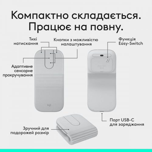 Мышка Logitech Mobi Fold Wireless (910-007631) Off-White купить в Украине: Киев, Днепр, Харьков, Одесса  | Низкая цена, отзывы, характеристики от TELEMART фото