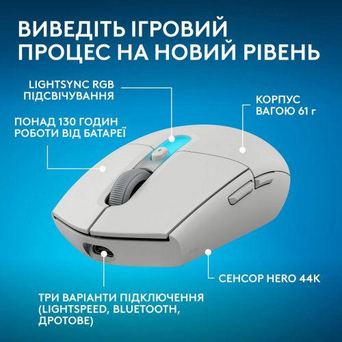 Миша Logitech G305 X Superlight Wireless (910-007747) White купити в Україні: Київ, Львів, Хмельницький, Тернопіль, Івано-Франківськ | Низька ціна, відгуки, характеристики від TELEMART фото