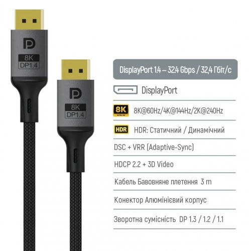 Уценка кабель ColorWay DisplayPort to DisplayPort V1.4 8K 3m (CW-CBDP094-BK) Black (Вскрытая упаковка, 886433) купить в Украине: Киев, Днепр, Харьков, Одесса  | Низкая цена, отзывы, характеристики от TELEMART фото