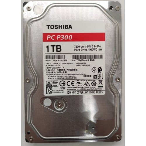 Жорсткий диск Toshiba P300 1TB 64MB 7200RPM 3.5" (HDWD110UZSVA) (Відновлено продавцем, 886989) купити в Україні: Київ, Львів, Хмельницький, Тернопіль, Івано-Франківськ | Перевірка сумісності, низька ціна, відгуки, характеристики від TELEMART фото