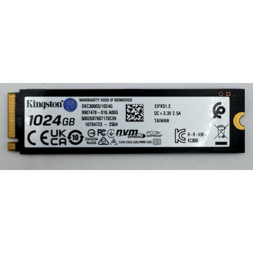 Ssd-диск Kingston KC3000 3D NAND TLC 1TB M.2 (2280 PCI-E) NVMe x4 (SKC3000S/1024G) (Восстановлено продавцом, 887353) купить в Украине: Киев, Днепр, Харьков, Одесса  | Проверка совместимости, низкая цена, отзывы, характеристики от TELEMART фото