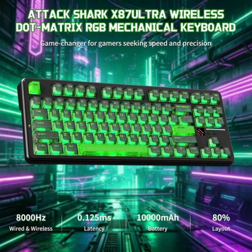 Клавіатура Attack Shark X87 Ultra RGB Meg Shark Switches Wireless (AS-6979033730229-SJ) Shadow Jade купити в Україні: Київ, Львів, Хмельницький, Тернопіль, Івано-Франківськ | Низька ціна, відгуки, характеристики від TELEMART фото