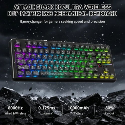 Клавіатура Attack Shark X87 Ultra RGB Meg Shark Switches Wireless (AS-6979033730243-FC) Forged Carbon купити в Україні: Київ, Львів, Хмельницький, Тернопіль, Івано-Франківськ | Низька ціна, відгуки, характеристики від TELEMART фото