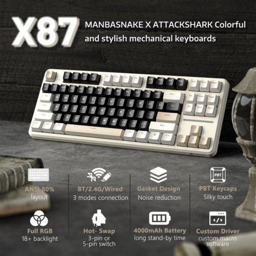 Клавіатура Attack Shark X87 RGB Linear Strawberry Switch Wireless (AS-6972792471471-CW-UA) Cheese White купити в Україні: Київ, Львів, Хмельницький, Тернопіль, Івано-Франківськ | Низька ціна, відгуки, характеристики від TELEMART фото