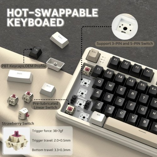 Клавіатура Attack Shark X87 RGB Linear Strawberry Switch Wireless (AS-6972792471471-CW-UA) Cheese White купити в Україні: Київ, Львів, Хмельницький, Тернопіль, Івано-Франківськ | Низька ціна, відгуки, характеристики від TELEMART фото