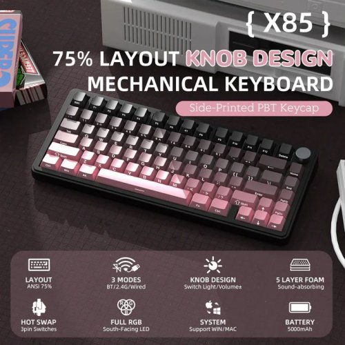 Клавіатура Attack Shark X85 RGB Linear White Jade Switch Wireless (AS-6972792471587-GP) Gradient Pink купити в Україні: Київ, Львів, Хмельницький, Тернопіль, Івано-Франківськ | Низька ціна, відгуки, характеристики від TELEMART фото
