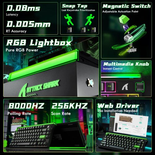 Клавіатура Attack Shark R85 RGB HE Magnetic Purple Mandrel Switches (AS-6972792472539-F-UA) Fluorescent Green купити в Україні: Київ, Львів, Хмельницький, Тернопіль, Івано-Франківськ | Низька ціна, відгуки, характеристики від TELEMART фото