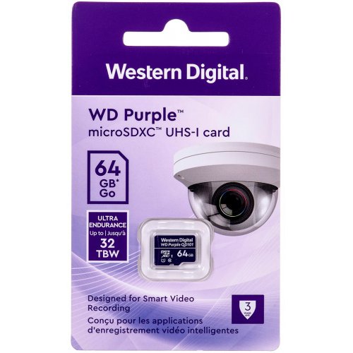 Карта пам'яті Western Digital microSDXC Purple QD101 64GB Class 10 UHS-I (WDD064G1P0C) купити в Україні: Київ, Львів, Хмельницький, Тернопіль, Івано-Франківськ | Низька ціна, відгуки, характеристики від TELEMART фото