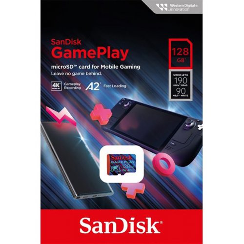 Карта пам'яті SanDisk microSDXC GamePlay 128GB Class 10 UHS-I U3 A2 V30 (SDSQXAA-128G-GN6XN) купити в Україні: Київ, Львів, Хмельницький, Тернопіль, Івано-Франківськ | Низька ціна, відгуки, характеристики від TELEMART фото