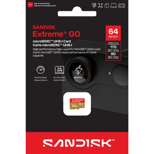 Карта пам'яті SanDisk microSDXC Extreme Go 64GB Class 10 UHS-I U3 A2 V30 (SDSQXGN-064G-GN6MN) купити в Україні: Київ, Львів, Хмельницький, Тернопіль, Івано-Франківськ | Низька ціна, відгуки, характеристики від TELEMART фото