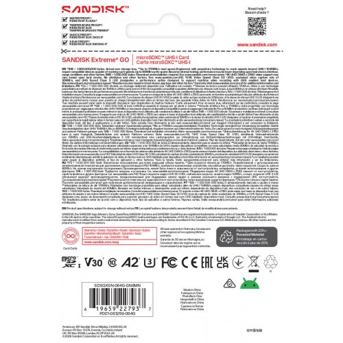 Карта пам'яті SanDisk microSDXC Extreme Go 64GB Class 10 UHS-I U3 A2 V30 (SDSQXGN-064G-GN6MN) купити в Україні: Київ, Львів, Хмельницький, Тернопіль, Івано-Франківськ | Низька ціна, відгуки, характеристики від TELEMART фото