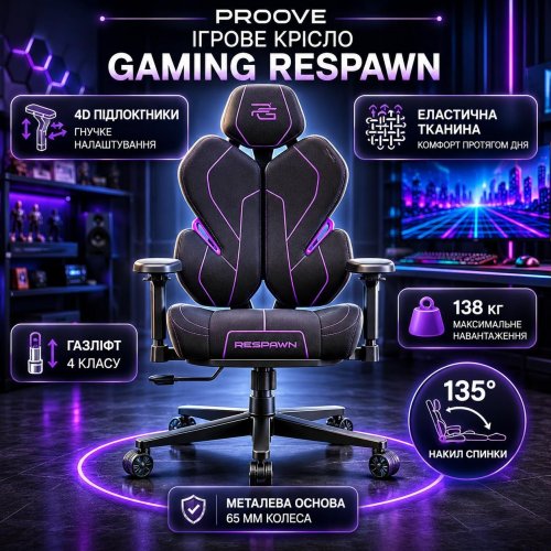 Игровое кресло Proove Gaming Respawn (GCRS0001001) Black/Purple купить в Украине: Киев, Днепр, Харьков, Одесса  | Низкая цена, отзывы, характеристики от TELEMART фото