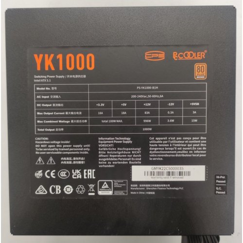 Блок питания PCCooler 1000W (YK1000) (Восстановлено продавцом, 890214) купить в Украине: Киев, Днепр, Харьков, Одесса  | Проверка совместимости, низкая цена, отзывы, характеристики от TELEMART фото