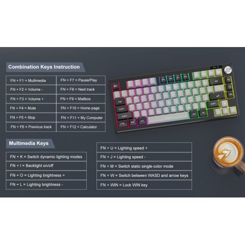 Клавіатура MageGee TS75 RGB (6971969729230-UA) Black/Grey купити в Україні: Київ, Львів, Хмельницький, Тернопіль, Івано-Франківськ | Низька ціна, відгуки, характеристики від TELEMART фото