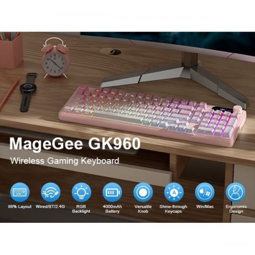 Клавиатура MageGee GK960 RGB Wireless (6971969729032) Pink/White купить в Украине: Киев, Днепр, Харьков, Одесса  | Низкая цена, отзывы, характеристики от TELEMART фото