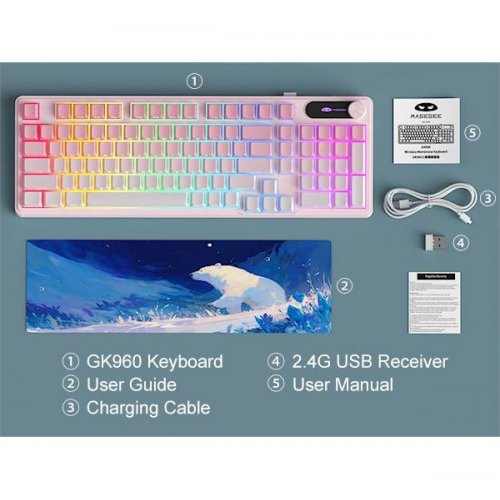 Клавиатура MageGee GK960 RGB Wireless (6971969729032) Pink/White купить в Украине: Киев, Днепр, Харьков, Одесса  | Низкая цена, отзывы, характеристики от TELEMART фото