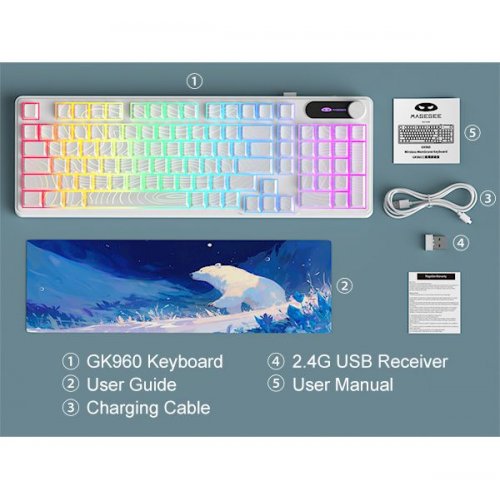 Клавиатура MageGee GK960 RGB Wireless (6971969729056) White Topographic купить в Украине: Киев, Днепр, Харьков, Одесса  | Низкая цена, отзывы, характеристики от TELEMART фото